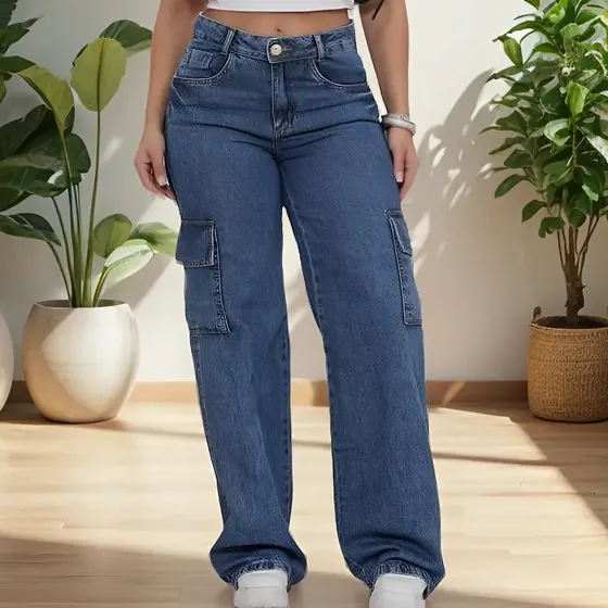 Calça Jeans Feminina Cargo Levanta Bumbum Cintura Alta 100%
