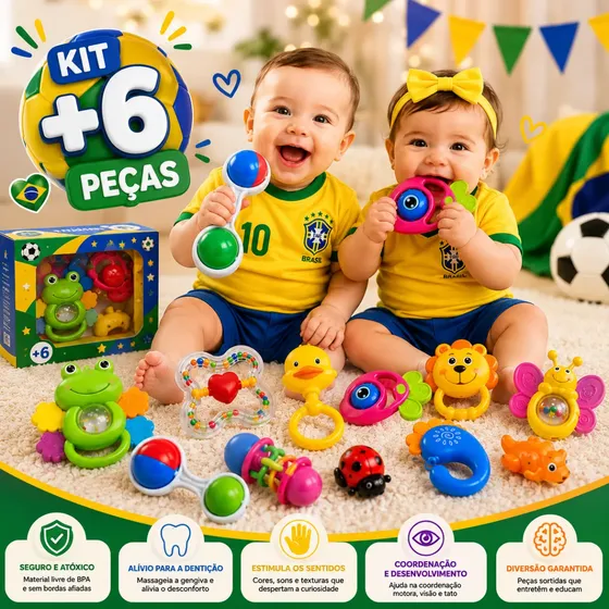 Kit Chocalho Mordedor Macio Bebê Brinquedo Sensorial Musical