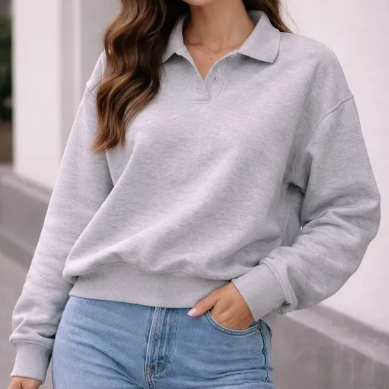 Blusa Moletom Feminina Gola Polo Oversized Manga Comprida