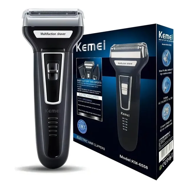 Aparador Barbeador Kemei Km-6558 Recarregável 3 Em 1 Cabeças Removíveis Bivolt Preto 127/220v