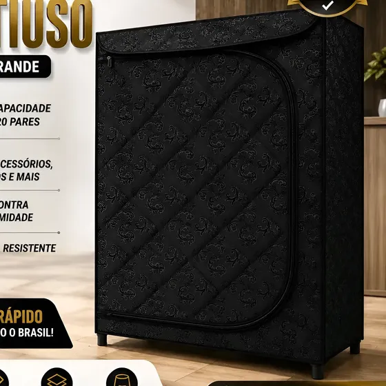 Sapateira Armário Multiuso Preto Madeira Tecido Courino