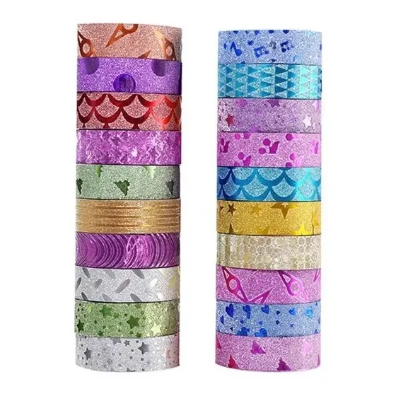 Kit Com 20 Rolos Fita Adesiva Com Glitter Washi Tape