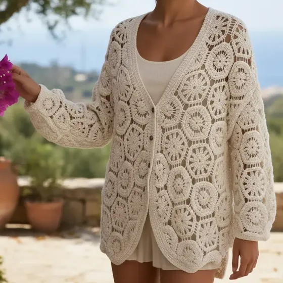 Cardigan Feminino Crochê Tricot Vazado Manga Longa Branco Be