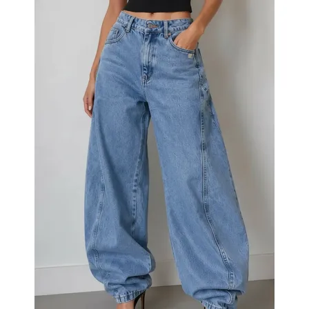 Calça Jeans Feminina Wide Leg Baggy Estilo Balão Cintura Alt