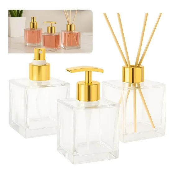 Kit Vidro Cubo 250ml (01 Difusor + 01 Spray +01 Saboneteira)