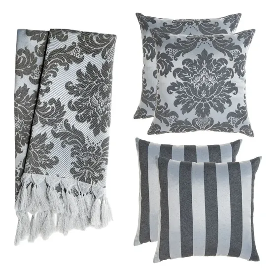Kit 1 Manta Para Sofá Em Jacquard + 5 Capas De Almofada