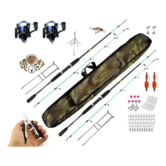 Kit Pesca Estojo C/ 2 Varas Molinete Linha Anzóis Boias Etc.