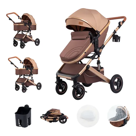 Carrinho De Bebê Luxo 3 Em 1 Marrom Dourado