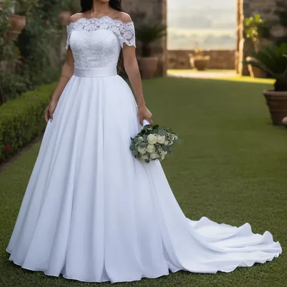 Vestido De Noiva Ombro A Ombro Com Cauda - Party Light