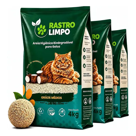 Areia 12kg Biodegradável Gatos Grãos Médios Rastro Limpo