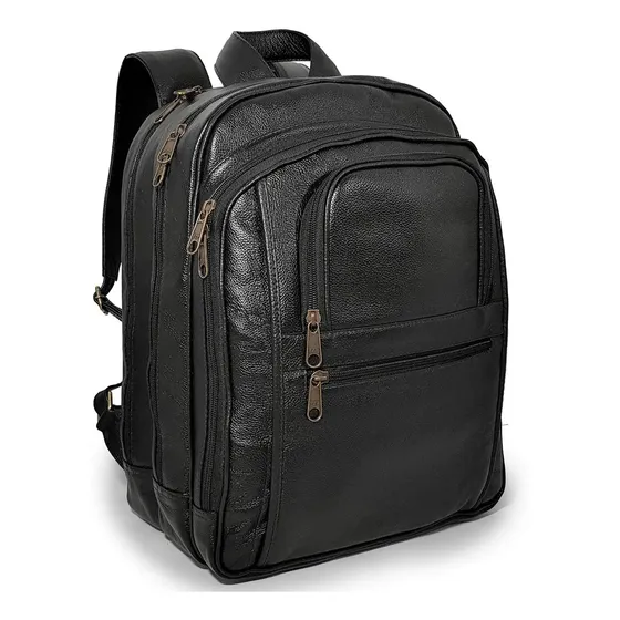 Mochila Preta Em Couro 100% Legítimo P/ Notebook Trabalho