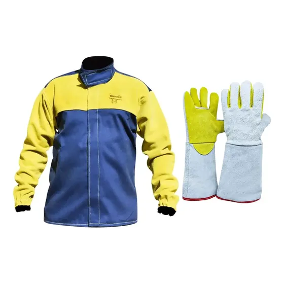 Kit Blusão Soldador Raspa E Brim, Luva Maxx Solda Plus P.15