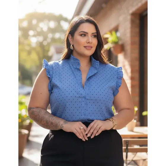 Blusa Poá Plus Size Camisa Feminina Manga Curta