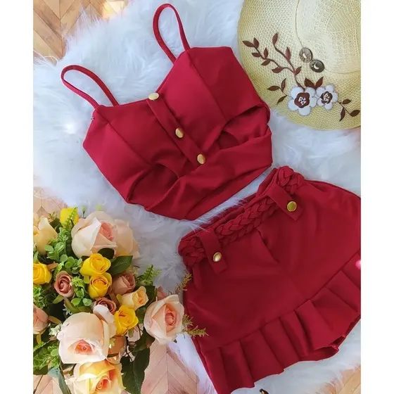 Promoção Conjunto Feminino Short E Blusa Cropped Renda Ju