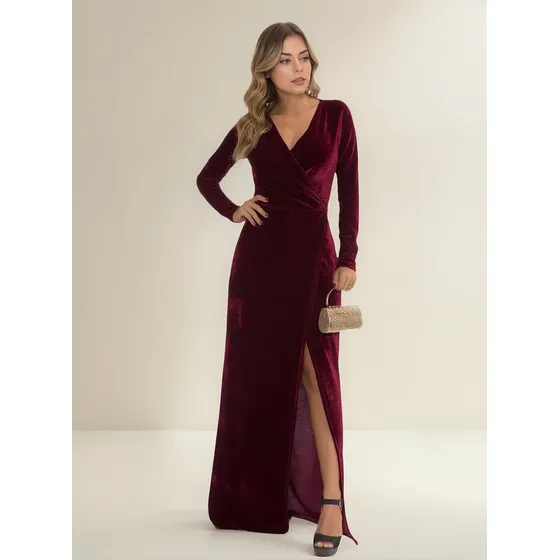 Vestido Longo Fhaipi Veludo Cristal Saia Fenda Feminino