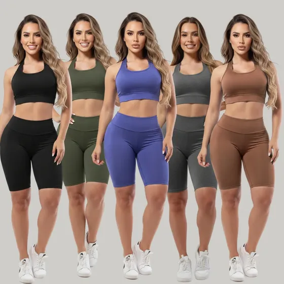 Kit 5 Conjuntos Moda Fitness Top + Bermuda Roupas Academia