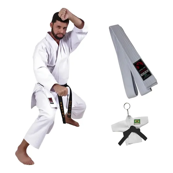 Kimono Karate Lona K10 + Faixa Branca + Mini Kimono Chaveiro
