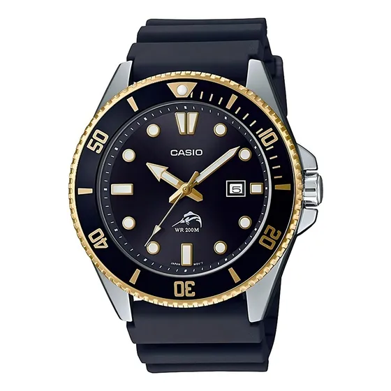 Relógio De Pulso Casio Mdv-106 Com Corria De Resina Cor Preto - Bisel Preto/dourado