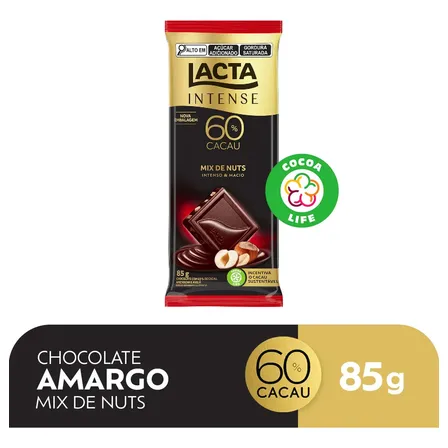 Chocolate Amargo Lacta Intense 60% Cacau Mix De Nuts 85g