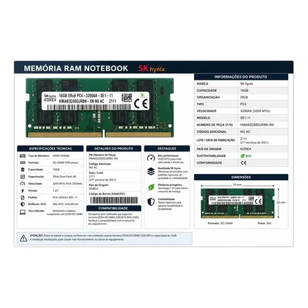 Memória NOTE SK HYNIX 16GB PC4-3200AA HMA82GS6DJR8N-XN