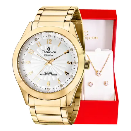 Relógio Feminino Champion Analógico Cn29409d 40 Milímetros Dourado Com Pulseira Em Aço Inoxidável E Kit Colar E Brincos Prova D´agua 50m Branco