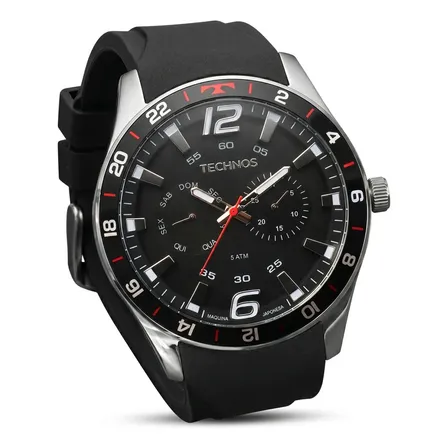 Relógio Technos Masculino 6P25BN/8P Analógico 46 Milímetros Pulseira Silicone Preto Macia Prova D´Agua 50m com Calendário