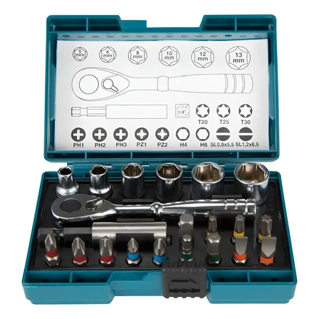 Jogo De Soquete Sextavado E Bits Encaixe 1/4 5-13mm 21 Peça Azul/verde (case) E Metal Cromado