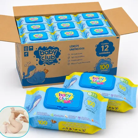 Kit 1200 Lenço Umedecido Baby Club Aloe Vera Caixa C/12 Pack