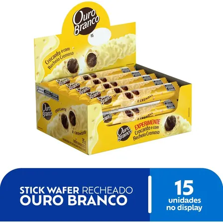Stick Wafer Recheado Ouro Branco Sabor Chocolate Branco - Display com 15 unidades de 25g