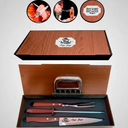 Kit 3 Pecas Churrasco Tramontina Garra Caixa Personalizado Kit Madeira