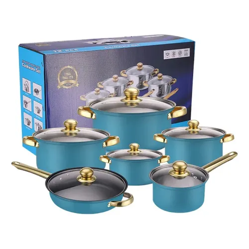 Conjunto De 12 Frigideiras Antiaderentes Com Cabos Dourados Turquoise With Gold Accents