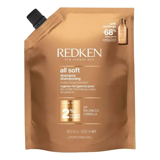 Shampoo Refil Para Cabelos Secos E Quebradiços, 15x Mais Macios, Com Óleo De Argan-6 E Nutrição Intensiva, 25% Mais Econômico E 68% Menos Plástico, All Soft Redken 500ml