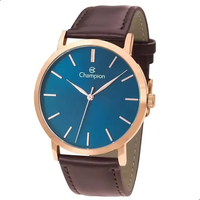 Relógio Champion Masculino Analógico Rose Gold Com Pulseira De Couro Marrom E Mostrador Azul Rose/marrom
