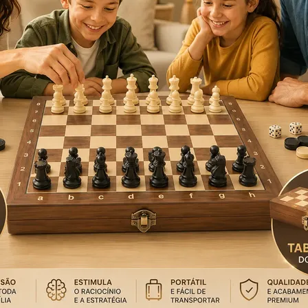 Jogo De Xadrez Tabuleiro Madeira Dama Gamão 3 Em 1 29 X 29cm