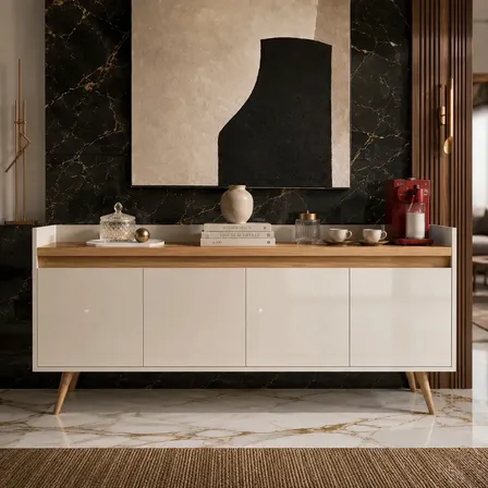 Aparador Buffet Gold 4 Portas Primus Design Retrô Pés Palito Sala de Estar MDP 15mm Pérola com Mel