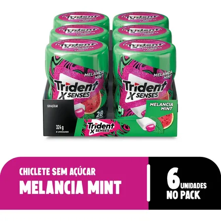 Chiclete Trident Xsenses Melancia Mint Sem Açúcar Garrafa - Caixa Com 6 Unid. De 54g
