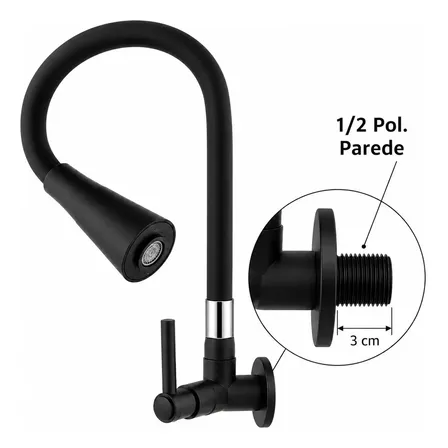 Torneira Para Cozinha Gourmet De Parede Preta Silicone Flexível Bica Móvel 2 Jatos Modelo Moderno Para Pia Água Fria Preto Fosco
