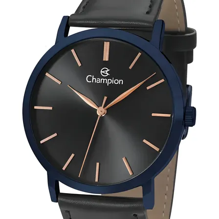 Relógio Champion Masculino Social Original Couro Preto Cor do bisel Azul