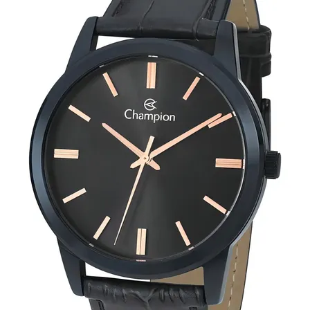 Relógio Champion Masculino CN20702N Analógico Social Pulseira Couro Preto Caixa Azul Detalhes Rosé 50m Prova D&quotÁgua Minimalista Executivo