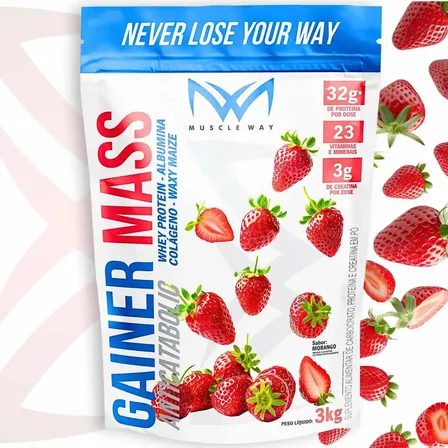 Gainer Mass Anticatabolic Refil 3kg Muscle Way Sabor Morango Hipercalórico