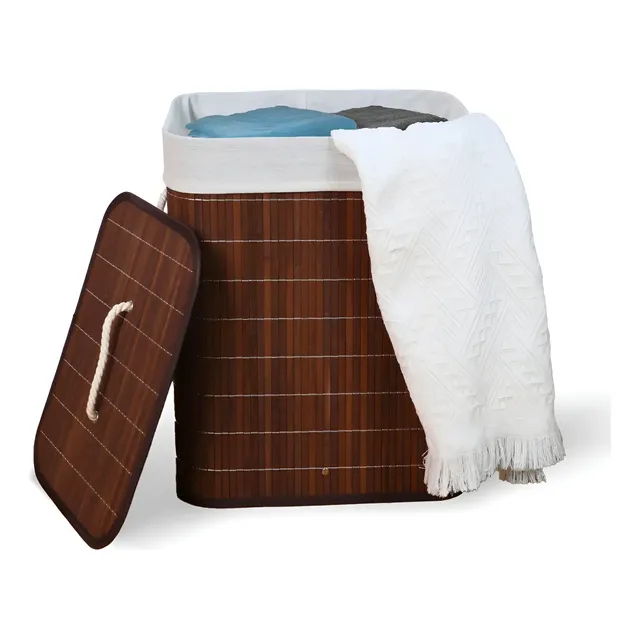 Kontuz Cesto De Roupa Suja De Bambu Com Tampa E Alças 50l Cor Marrom
