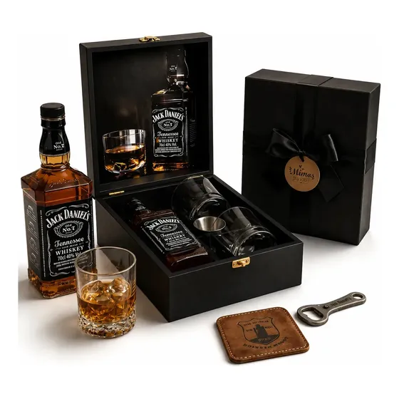 Cesta Whisky Jack Daniel's Maleta em Madeira. Presente Premium aniversário homem amigo.