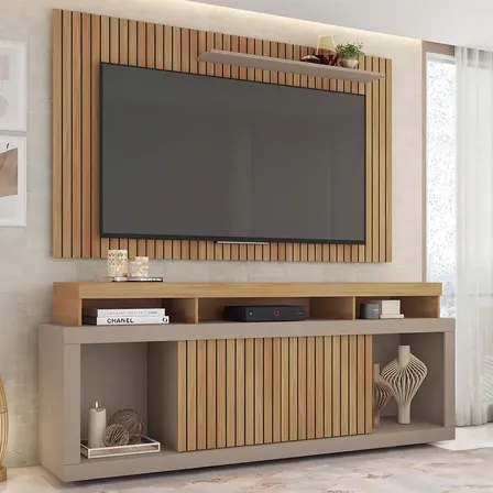 Rack Com Painel Tv Até 65 Polegadas Marrom Life Caemmun Buriti Ripado/ Fendi