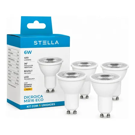 Kit 4 Lampada Led Dicroica Mr16 6w 450lm Gu10 Stella Sth853/30 36º 3000k Branco Quente 127/220v