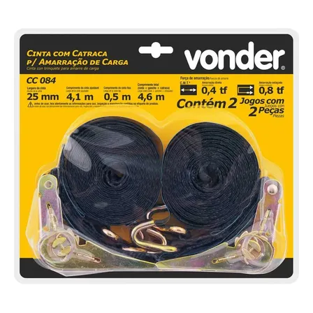 Kit 2 Cinta Amarração Com Catraca Carga 800kg Cc080 Vonder Cor Preto