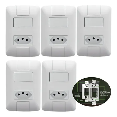 Kit 5 Interruptor Com Tomada Tramontina 10a 250v Branca Branco Branco