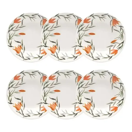 Conjunto De 6 Pratos Fundos Biona Donna Lírios Florido Verde, Laranja E Branco De 21,5 Verde, Laranja E Off White