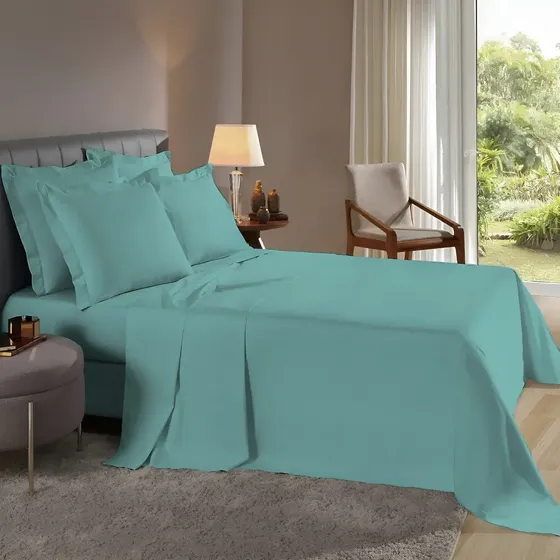 Lençol Solteiro 3 Pçs Abas Percal Flex 400 Fios Toque Macio Cor Verde Tiffany Desenho Do Tecido Liso