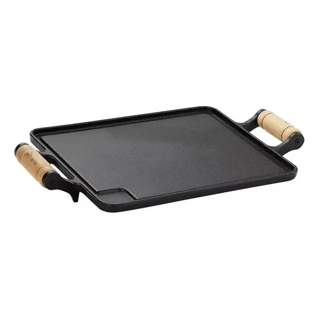 Bifeteira chapa de ferro 38cm x 24cm cor preto com alça de madeira Fundição Santana