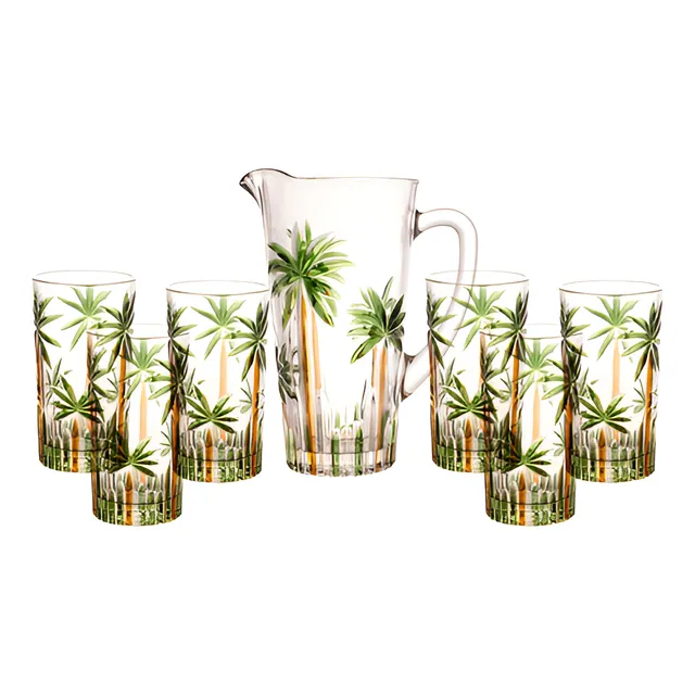Conjunto Jarra Com 6 Copos Cristal Palm Tree Handpaint Wolff Coqueiros